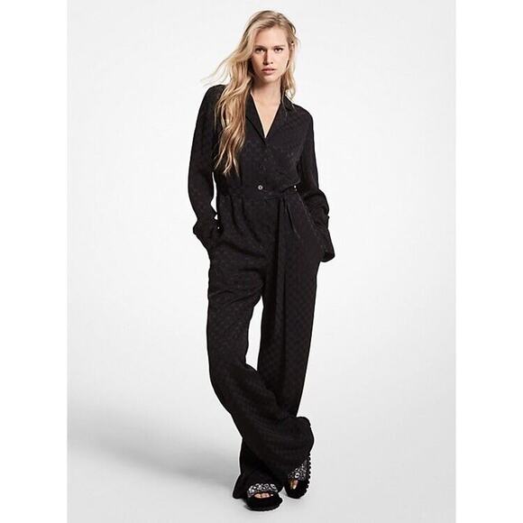 MICHAEL MICHAEL KORS Logo Jacquard Jumpsuit Size XS Long Sleeve Button Down - Picture 1 of 8